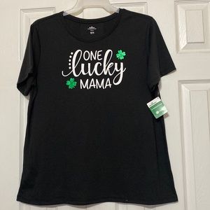 Celebrate! Ladies graphic/foil St Patrick’s Day tee shirt with words; size: XXL